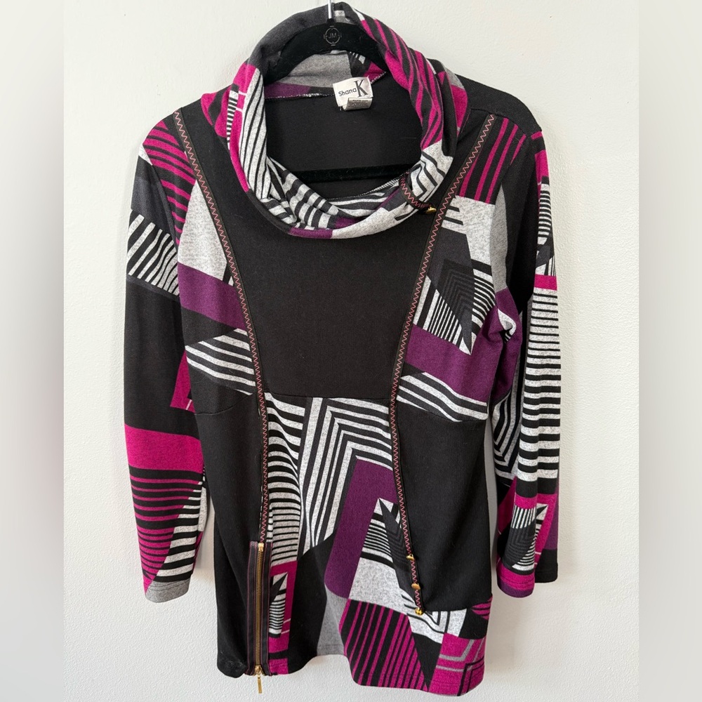 Geometric Cowl-Neck Tunic in Black, Purple & Pink